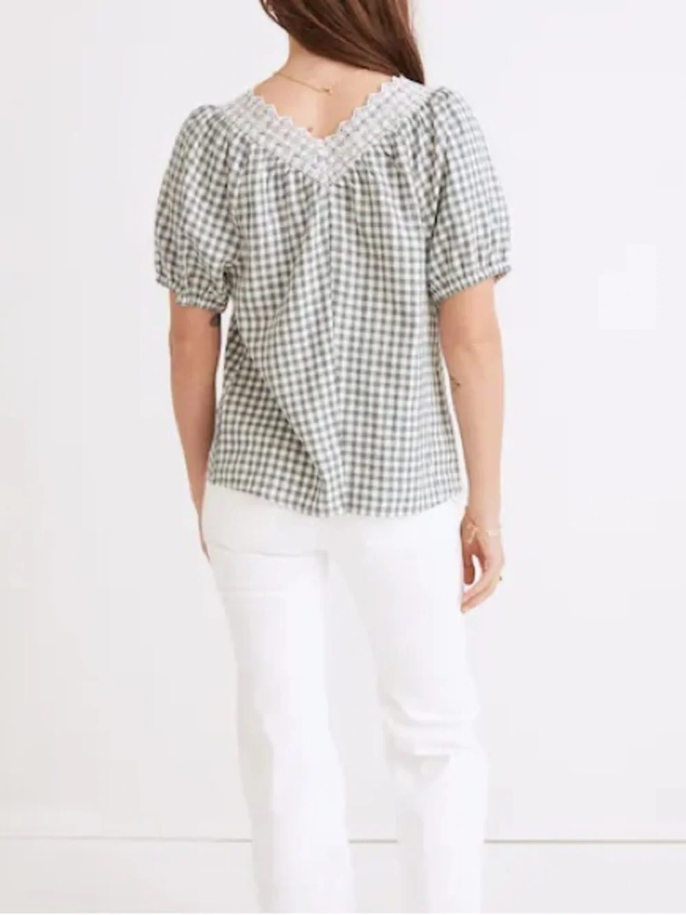 Madewell Green Gingham Linen Blend Eyelet Lace Trim Blouse Size XS